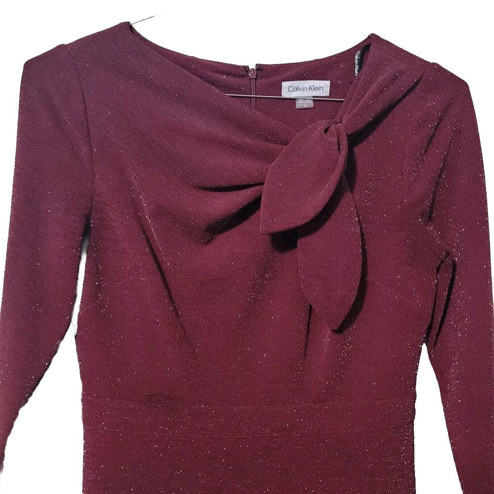 Calvin Klein Sheath Dress Womens 6 Wine Red Tie Neck Sparkle Detail 3/4 Sleeves - Picture 2 of 16